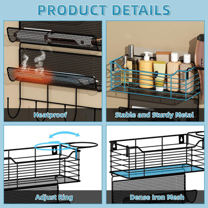 3 Tier Hair Tool Organizer Wall Mount, curling iron holder Basket, Black | Metal Mesh, Hair Dryer Holder, Bathroom Hair Styling Tool Organizer, Blow Dryer Holder, Hair Straightener Organizer