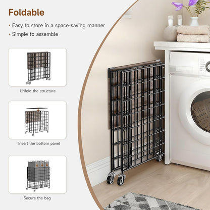 90L Laundry Basket with Wheels, Large Capacity Laundry Hamper with Removable Liner Bags, Heavy Duty Laundry Sorter with Solid Wood Lid & Leather Handles, Grey