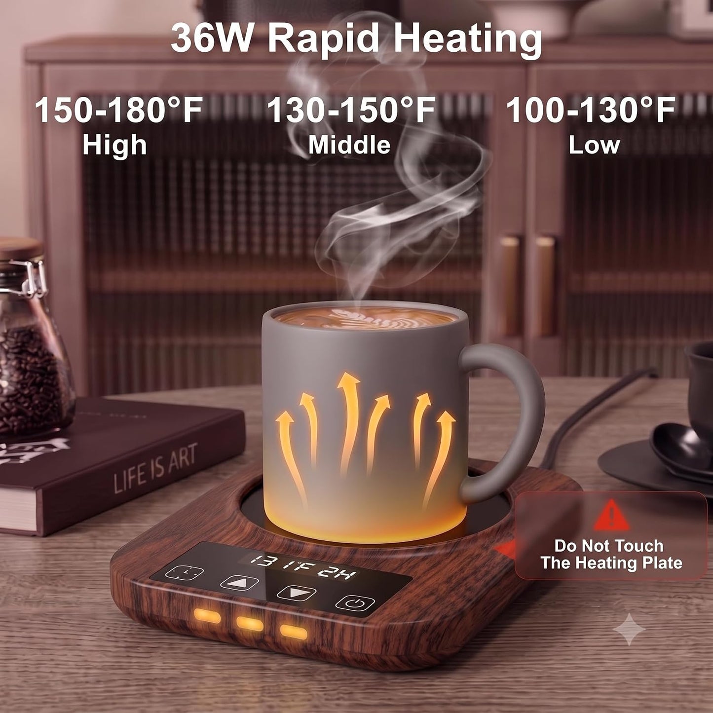 Coffee Mug Warmer for Desk - 9 Temperature Settings (100°F-180°F) Smart Electric Cup Warmer with 1-12H Timer, Large Heating Plate Auto Shut Off Coffee Warmer，Walnut