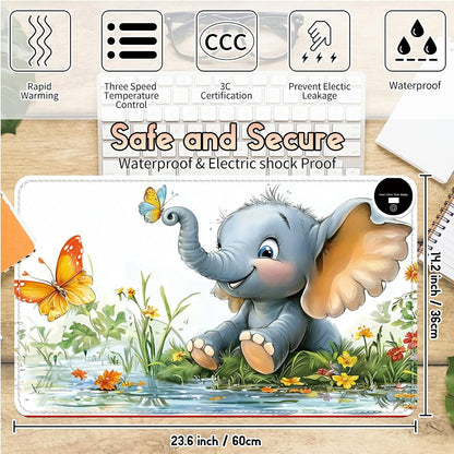 Heated Desk Pad Heated Large Mouse Pad, Electric Quickly Warm Desk Mat with 3 Levels Heating 3 Hours Auto Shut-Off, 31.5" x 13" Warm Gaming Mousepad Hand Foot Warmer, Baby Elephant