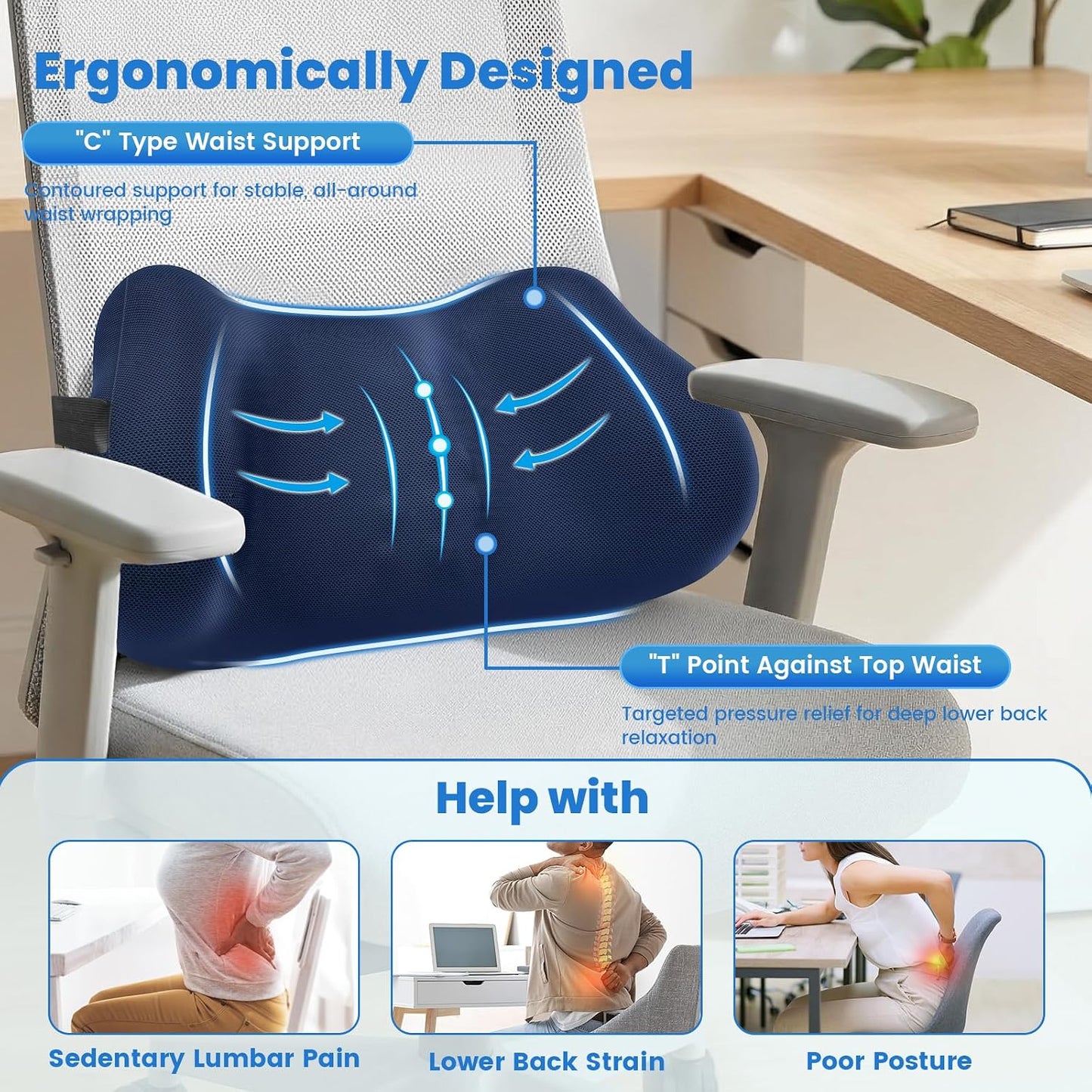 Lumbar Support Pillow, Memory Foam Back Cushion for Office Chair Car, Black | Ergonomic Lower Back Support with Adjustable Strap, Breathable Removable Cover for Couch, Wheelchair and Daily Comfort