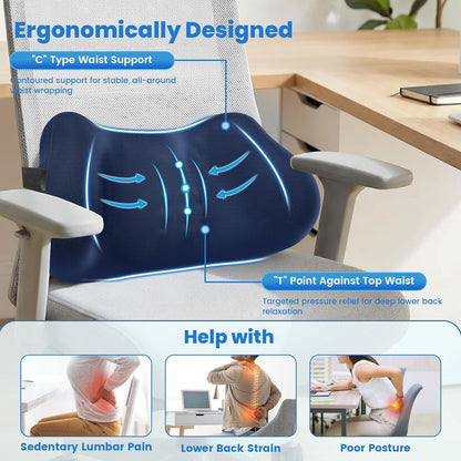 Lumbar Support Pillow, Memory Foam Back Cushion for Office Chair Car, Black | Ergonomic Lower Back Support with Adjustable Strap, Breathable Removable Cover for Couch, Wheelchair and Daily Comfort
