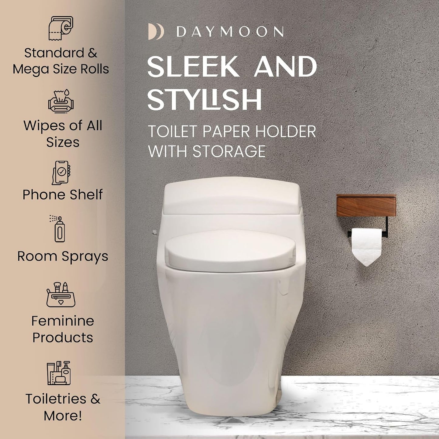 Day Moon™ - Toilet Paper Holder with Shelf - Modern Roll Holder for Bathroom - 1 Pack - Wall Mount - with Storage, Gold
