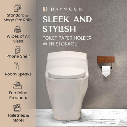 Day Moon™ - Toilet Paper Holder with Shelf - Modern Roll Holder for Bathroom - 1 Pack - Wall Mount - with Storage, Gold