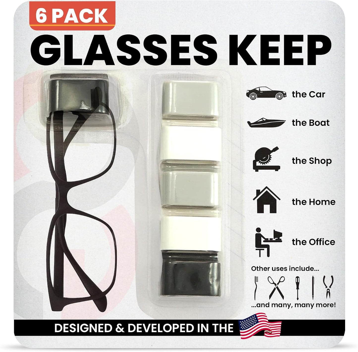 Glasses Keep Sunglass Organizer, Wall Mounted Eyeglass Holder, 6 Pack | Compact Sunglass Holder, Sunglass Hanger with Strong Adhesive Hold, Woodworking Shop & Dashboard Use, Prevent Misplacement