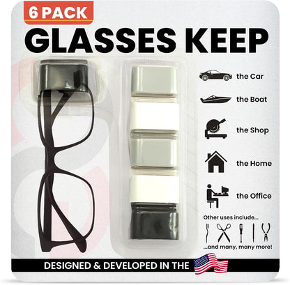 Glasses Keep Sunglass Organizer, Wall Mounted Eyeglass Holder, 6 Pack | Compact Sunglass Holder, Sunglass Hanger with Strong Adhesive Hold, Woodworking Shop & Dashboard Use, Prevent Misplacement