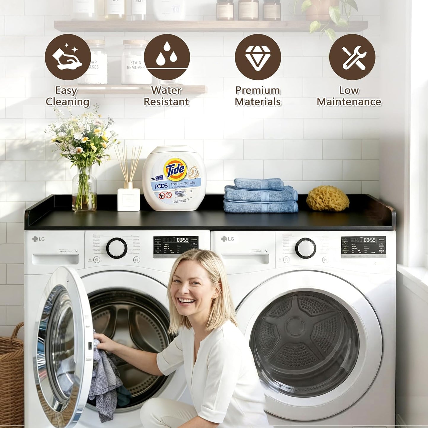 2-Tier Washer Dryer Countertop with Shelves & Metal Hooks, 27" W x 27.5" D Large Laundry Topper for Room Organization & Folding Clothes & Storage(Oak)