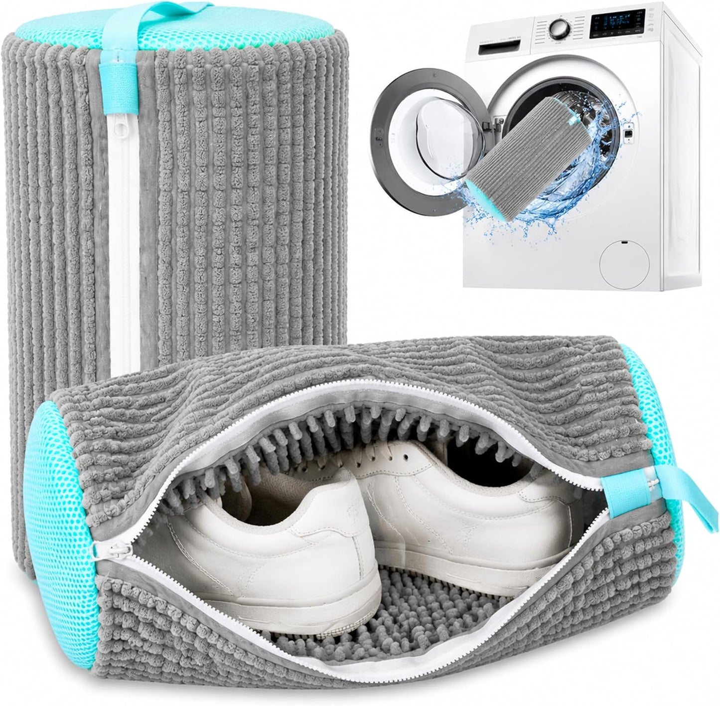 Reusable Shoe Washing Bag, 2-Pack Chenille Laundry Bag for Washer & Dryer. | Soft chenille fibers help deep clean sneakers while the hidden zipper keeps shoes secure and helps protect your washer.