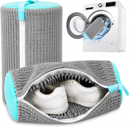 Reusable Shoe Washing Bag, 2-Pack Chenille Laundry Bag for Washer & Dryer. | Soft chenille fibers help deep clean sneakers while the hidden zipper keeps shoes secure and helps protect your washer.