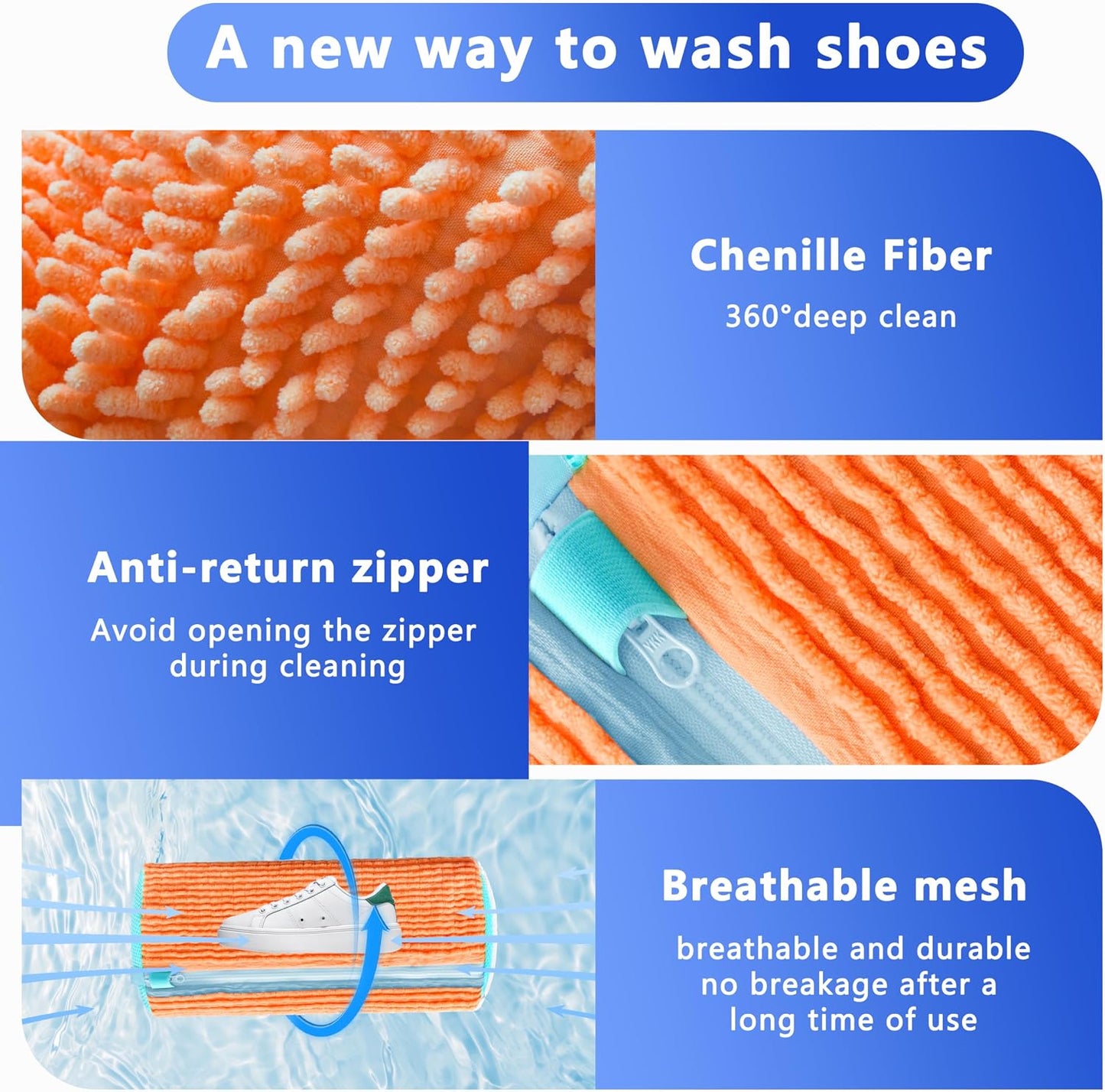 Reusable Shoe Washing Bag, 2-Pack Chenille Laundry Bag for Washer & Dryer. | Soft chenille fibers help deep clean sneakers while the hidden zipper keeps shoes secure and helps protect your washer.