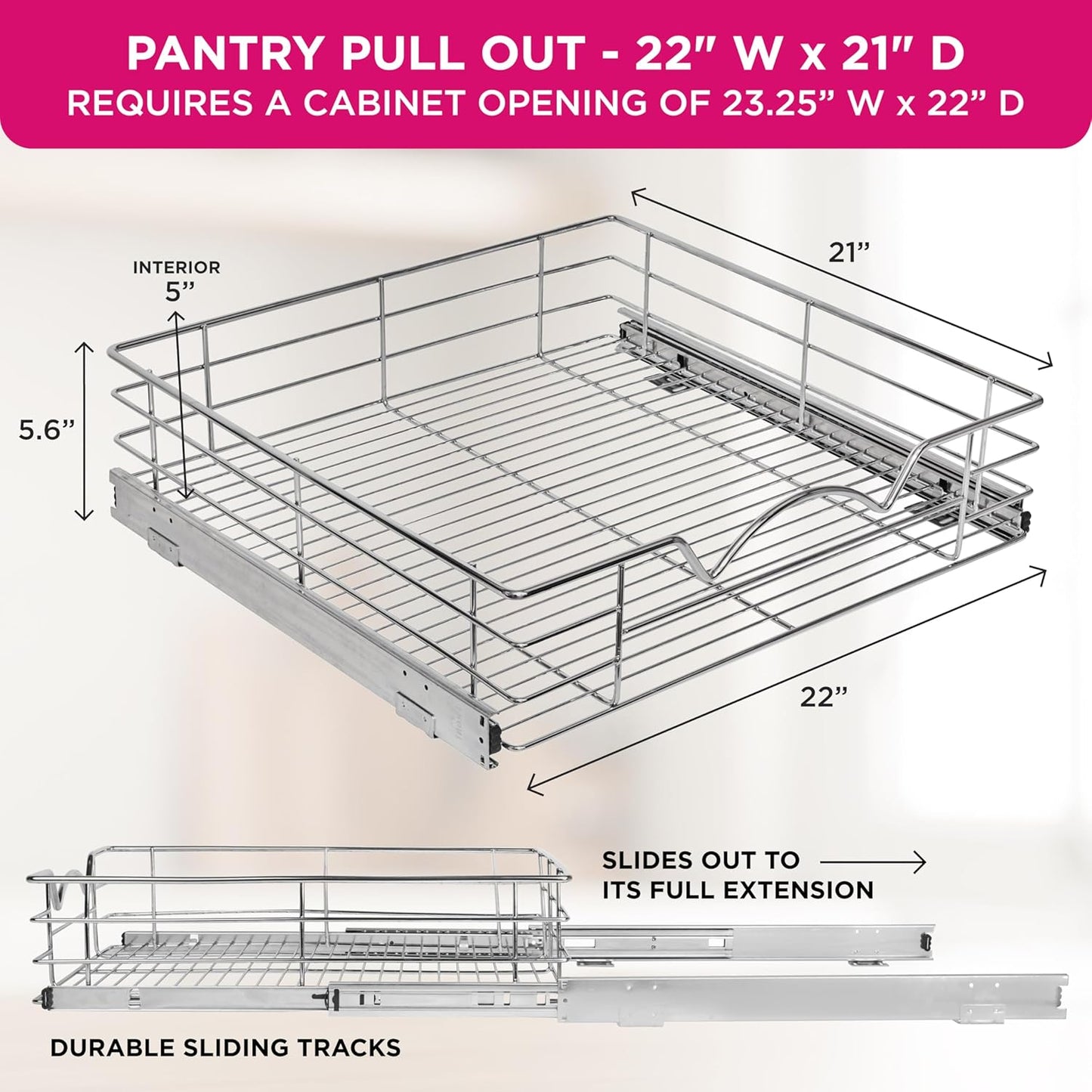 HOLDN’ STORAGE Pull Out Cabinet Organizer, Pantry Drawer, 14"W x 21"D x 5"H | Heavy-Duty Full-Extension, Roll Out Shelf for Pots, Pans & Under Sink Storage, Chrome, Require a 15.25"W Cabinet Opening