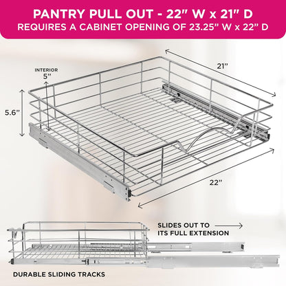 HOLDN’ STORAGE Pull Out Cabinet Organizer, Pantry Drawer, 14"W x 21"D x 5"H | Heavy-Duty Full-Extension, Roll Out Shelf for Pots, Pans & Under Sink Storage, Chrome, Require a 15.25"W Cabinet Opening