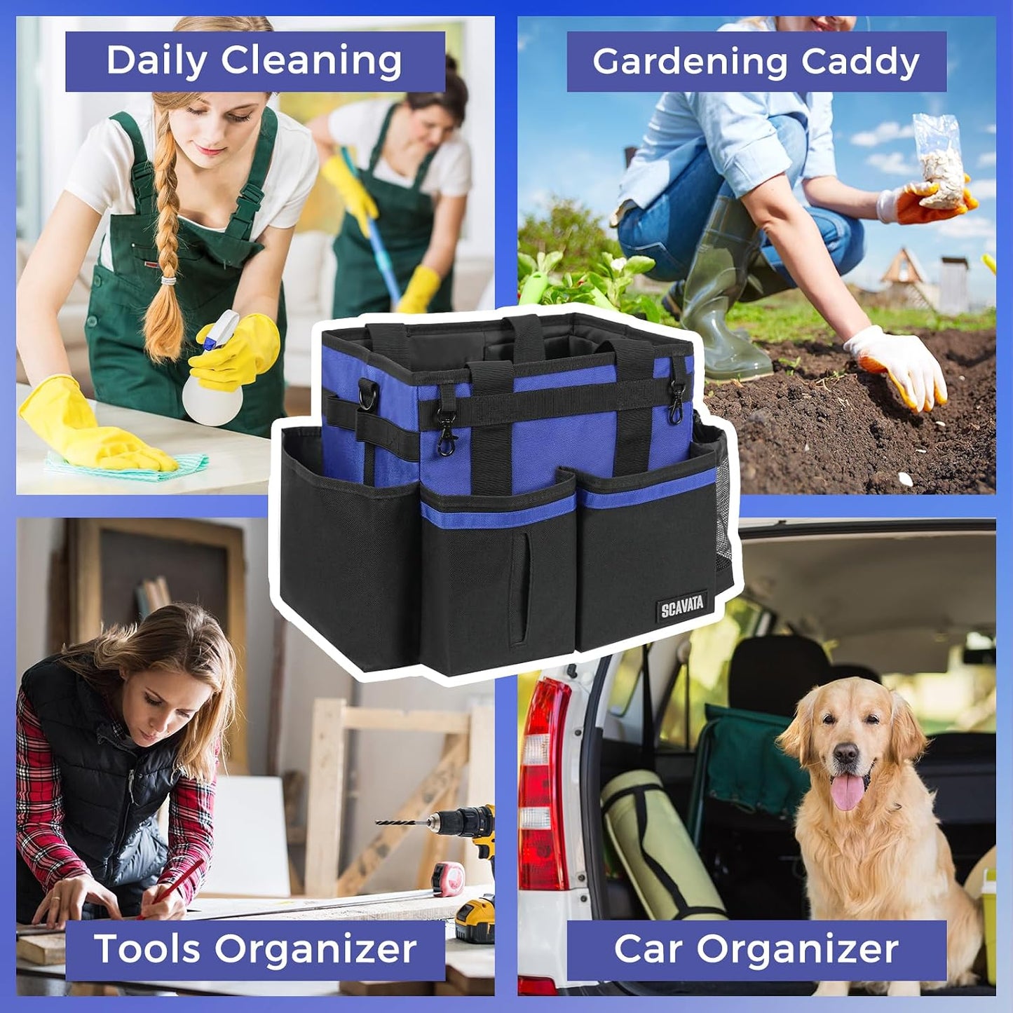 SCAVATA Compact Wearable Cleaning Caddy with Handle & Shoulder Straps | Small Cleaning Supplies Organizer, Under Sink & Car Cleaning Tools Storage Bag for Housekeepers Cleaners, Black