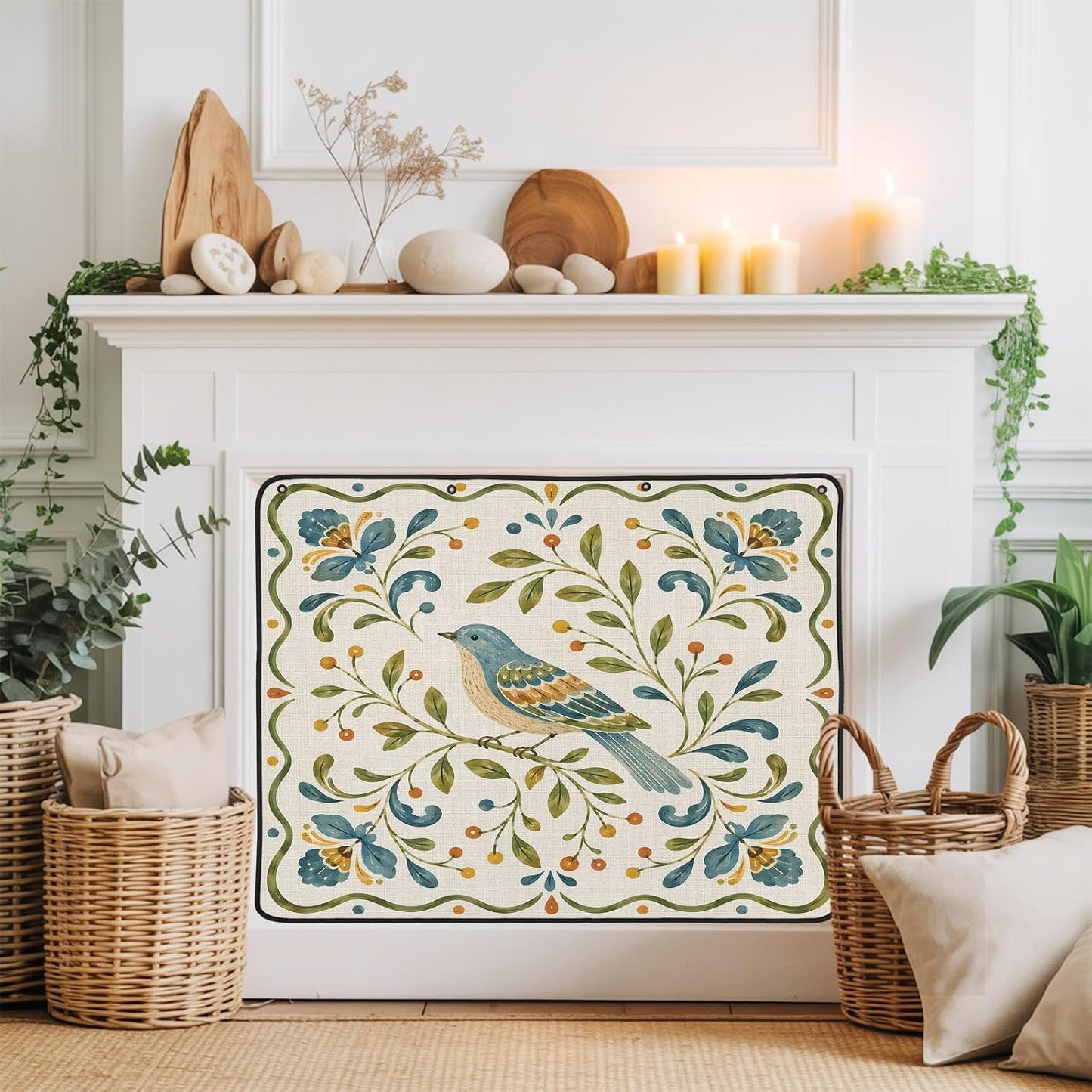 Magnetic Fireplace Cover Bird Branches Fireplace Screen Decorative Green Leaves Frame Insulation Fireplace Blocker Blanket Save Energy Fireplace Draft Stopper Covers for Living Room 45x34 Inch