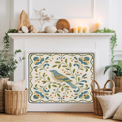 Magnetic Fireplace Cover Bird Branches Fireplace Screen Decorative Green Leaves Frame Insulation Fireplace Blocker Blanket Save Energy Fireplace Draft Stopper Covers for Living Room 45x34 Inch