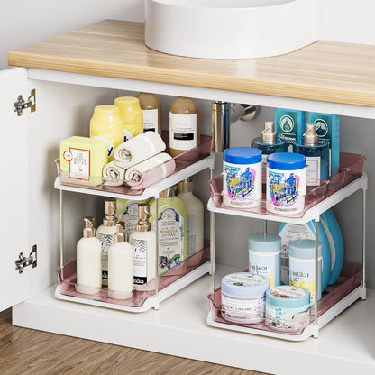 Delamu 2-Tier Multi-Purpose Bathroom Under Sink Organizers and Storage, Stackable Kitchen Pantry Organization, Pull Out Medicine Cabinet Organizer with Movable Dividers, White, 2 Pack