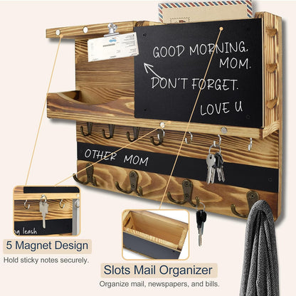 Key Holder for Wall Mount with Shelf and Mail Organizer, Key and Mail Holder with 16 Hooks, Farmhouse Entryway Organizer, Home Decor Rack (Pine Wood, White Washed)