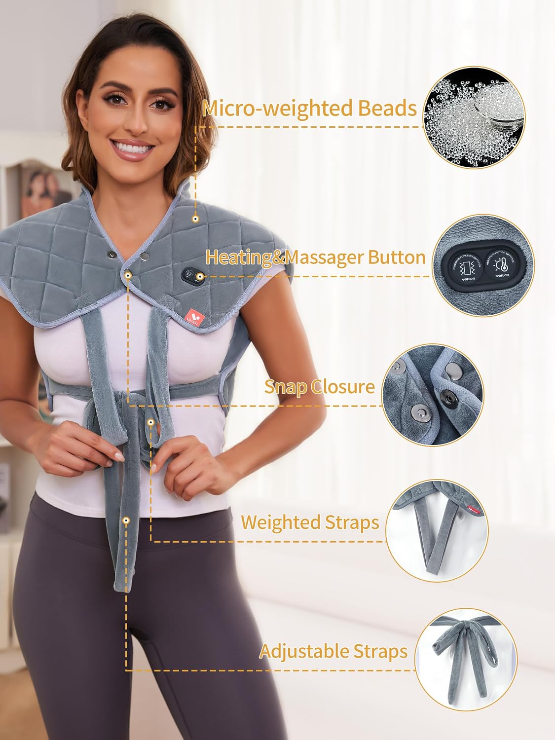 Vofuoti Portable Cordless Heating Pad for Neck and Shoulders with Massager | 12V 15000mAh Battery and 3 Heat Settings, Weighted Electric Rechargeable Heated Neck Shoulder Wrap, 2.6lbs, Gift for Family