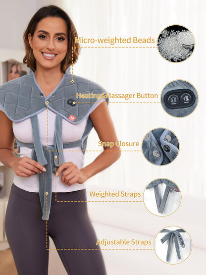 Vofuoti Portable Cordless Heating Pad for Neck and Shoulders with Massager | 12V 15000mAh Battery and 3 Heat Settings, Weighted Electric Rechargeable Heated Neck Shoulder Wrap, 2.6lbs, Gift for Family