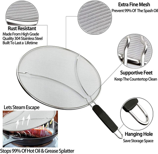 Large Splatter Screen for Frying Pan, 15 Inch Stainless Steel Grease Splatter Guard, Mesh Frying Screen Keeps Kitchen Clean and Protects Skin From Burns