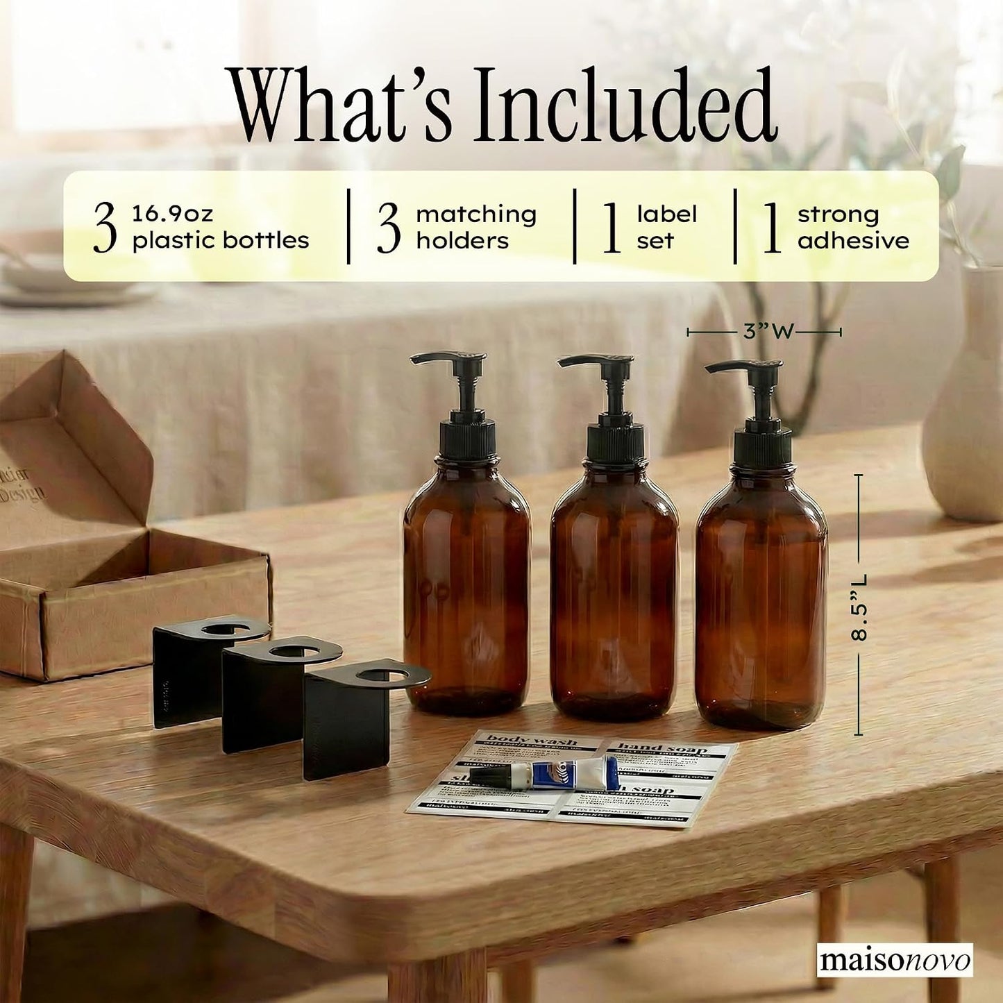 MaisoNovo Shampoo and Conditioner Dispenser|Refillable Black Set of 3 | 500 ml Shower Gel Dispenser Set of 3. Refillable Shampoo and Conditioner Bottles. Drill Free Secure Design. Black