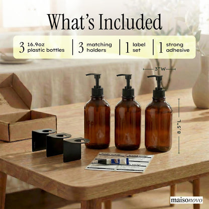 MaisoNovo Shampoo and Conditioner Dispenser|Refillable Black Set of 3 | 500 ml Shower Gel Dispenser Set of 3. Refillable Shampoo and Conditioner Bottles. Drill Free Secure Design. Black