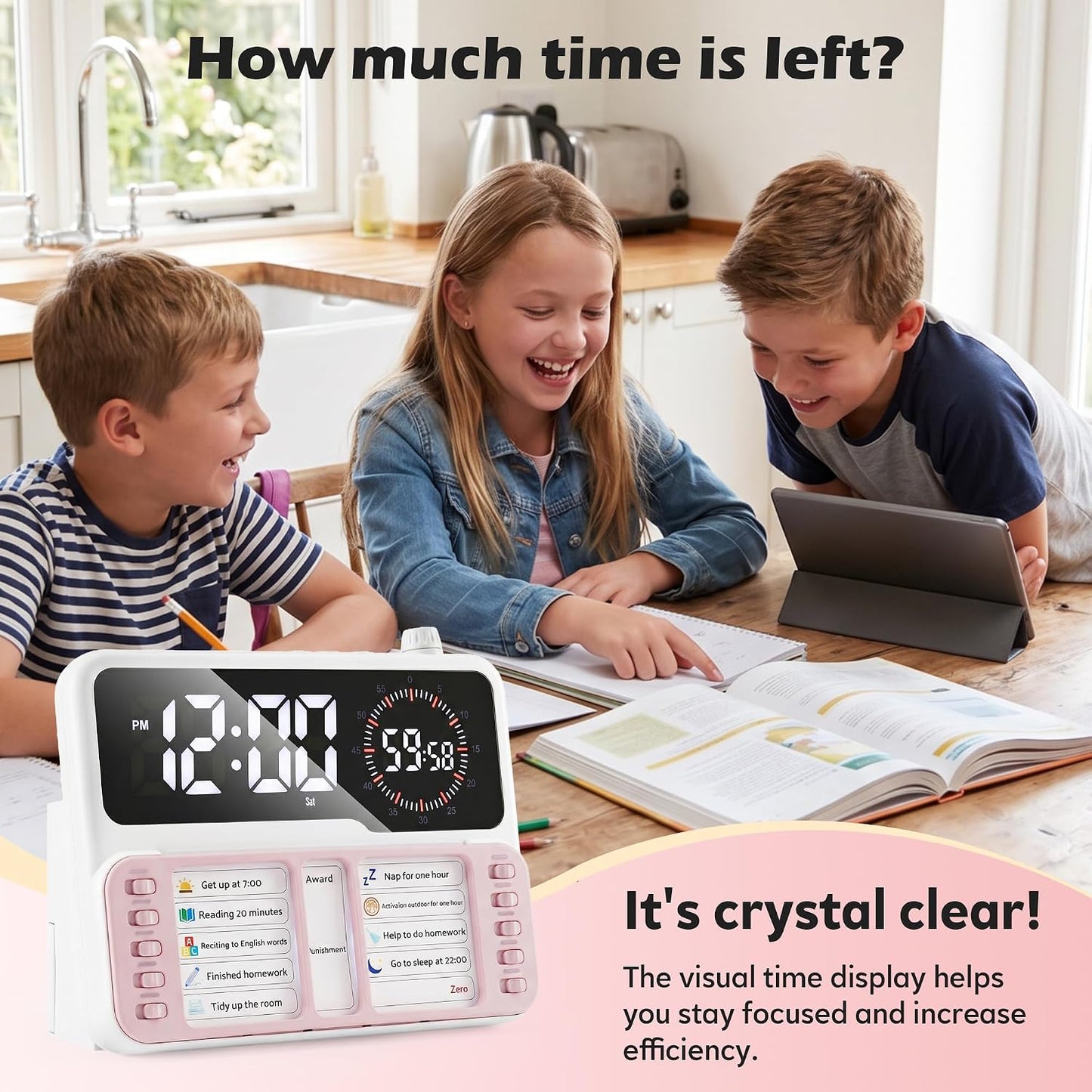 Visual Timer for Kids/Adults, ADHD Tools for Kids with Visual Schedule, 6-in-1 Time Timer with Alarm/Countdown/Digital Clock/Chore Chart, Smart Autism/ADHD Task Timer for Home Classroom - Pink