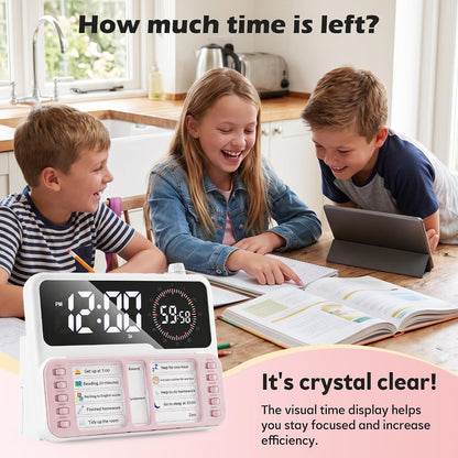 Visual Timer for Kids/Adults, ADHD Tools for Kids with Visual Schedule, 6-in-1 Time Timer with Alarm/Countdown/Digital Clock/Chore Chart, Smart Autism/ADHD Task Timer for Home Classroom - Pink