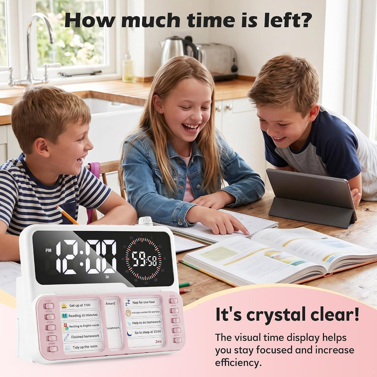 Visual Timer for Kids/Adults, ADHD Tools for Kids with Visual Schedule, 6-in-1 Time Timer with Alarm/Countdown/Digital Clock/Chore Chart, Smart Autism/ADHD Task Timer for Home Classroom - Pink