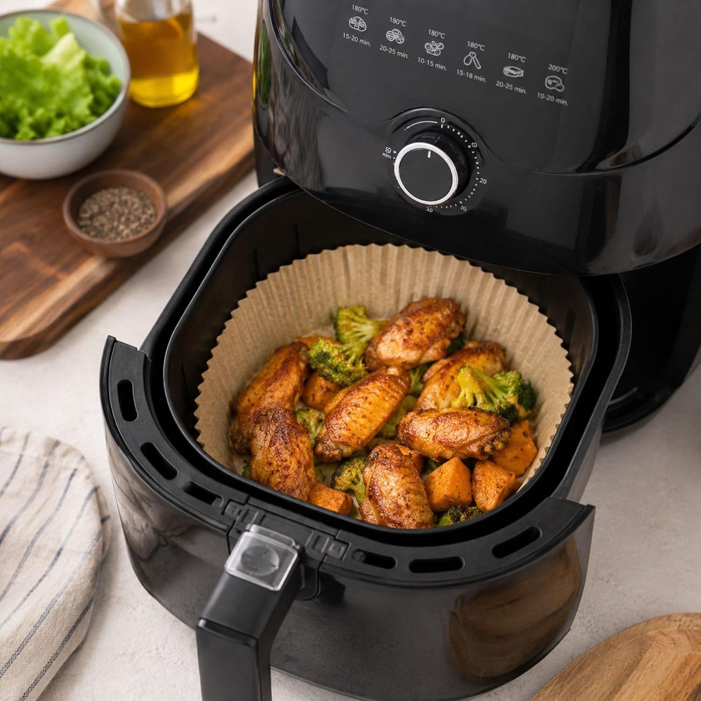 Restaurantware-Pastry Tek 8.1 x 5.5 x 1.8 Inch Air Fryer Liners, 100 Rectangle Air Fryer Baskets - No-Stick Silicone Coating, Unbleached, Food-Grade Paper Liners, For Steamer, Microwave, Oven
