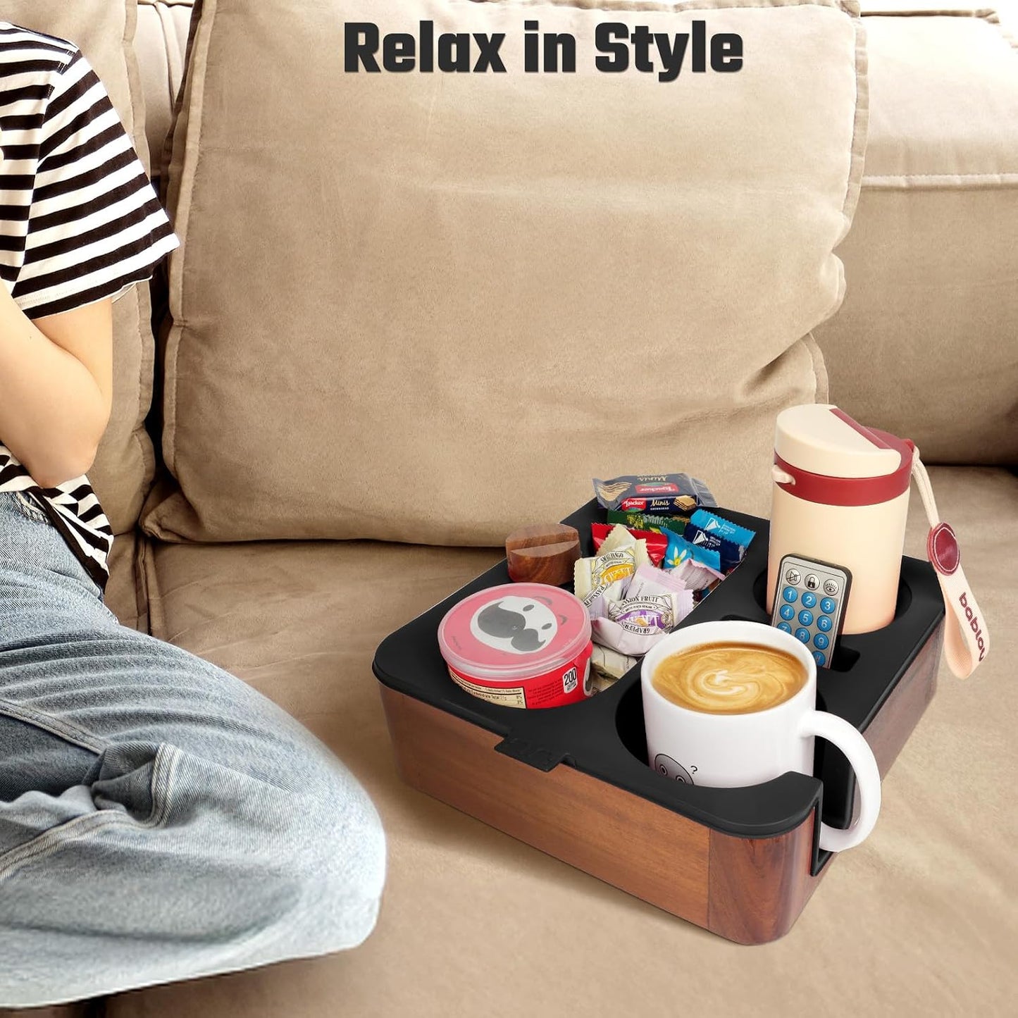 Couch Cup Holder Tray, Real Acacia Wooden Caddy with Soft Silicone, Snack and Drink Organizer- Perfect Movie Night Accessories for Bed, Remote and Cup Holders for Sofa (Black)