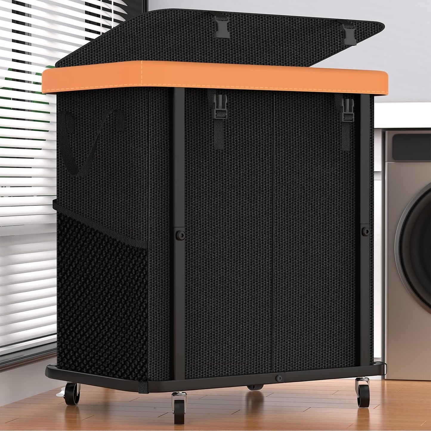 Laundry Hamper with Wheels,150L Leather Patchwork Clothes Hamper Black | Rolling Laundry Basket with Sturdy Metal Frame, Removable Washable Bag,Tall Clothes Sorter for Bedroom, Laundry Room, Dorm