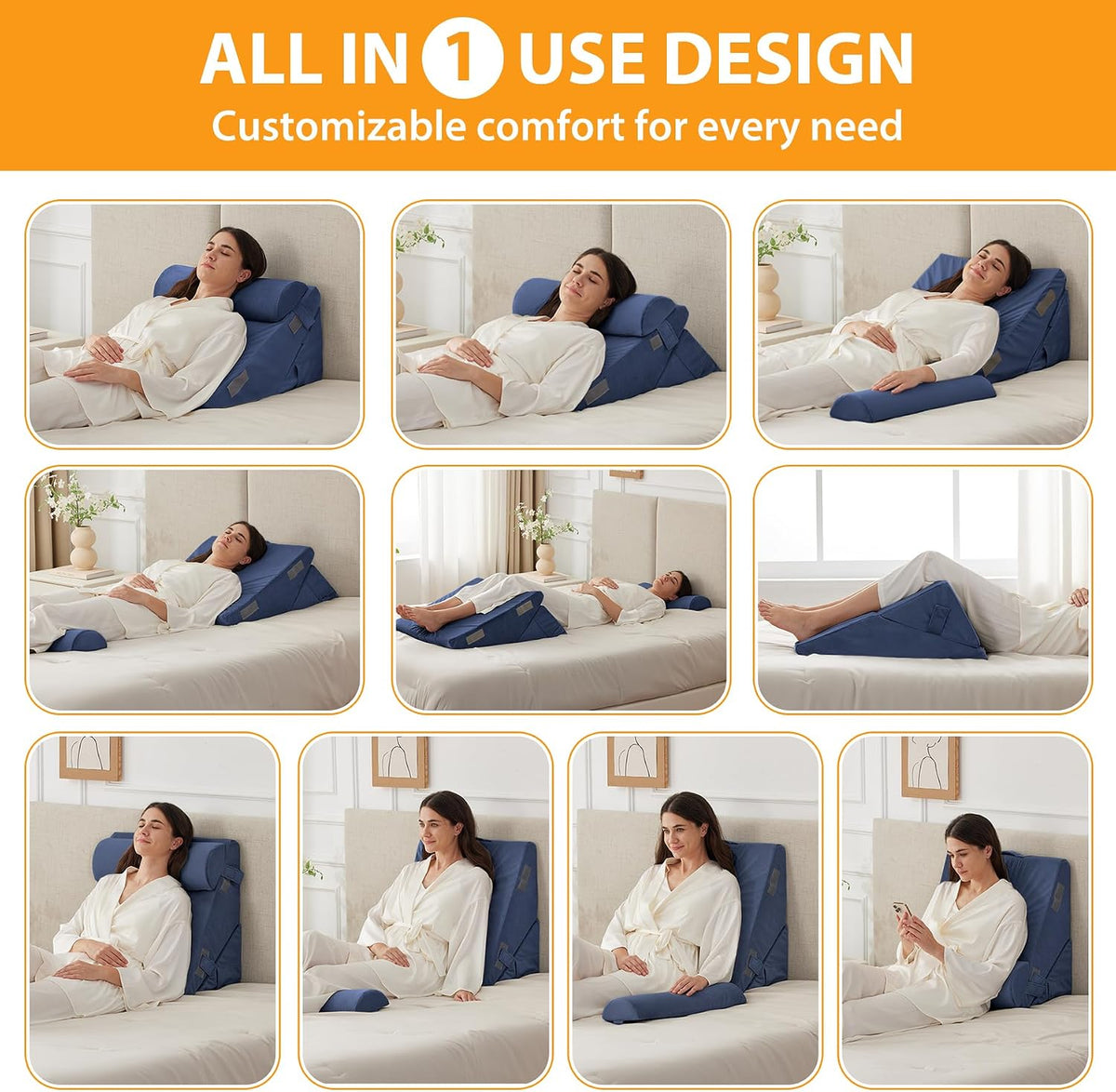 Ruqmuis Wedge Pillow Set for After Surgery, 3PCS Adjustable 9&12 Inch Bed Wedge Pillow for Sleeping, Incline Pillow Wedge for Headboard, Post Surgery, Acid Reflux, Neck&Back Support, White/Grey