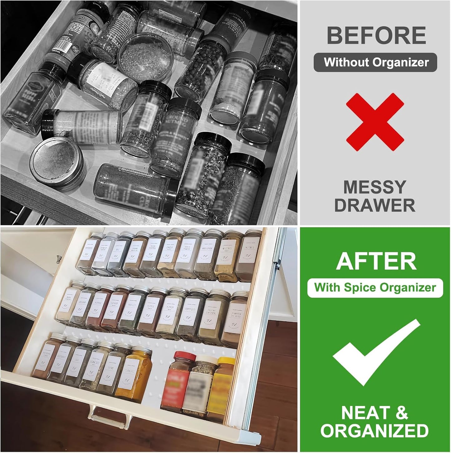 Spice Drawer Organizer Insert - Silicone Spice Drawer Liner Pearl | Adjustable non-slip liner organizer; in-drawer spice rack for seasoning jars, spice bottles, flat kitchen drawer organizer