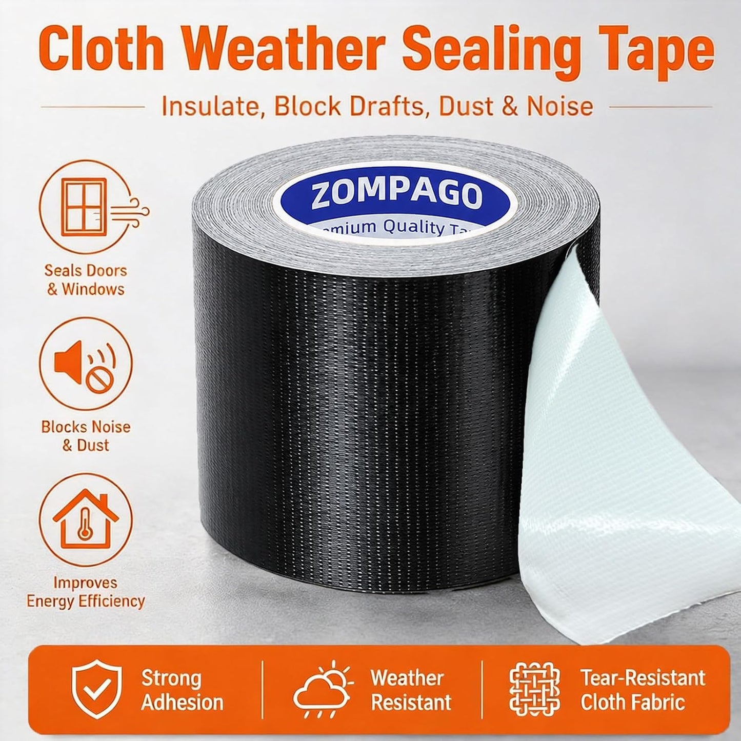ZOMPAGO White Window Weather Sealing Tape 2.4in x 33FT, Cloth Draft Stopper for Sliding Door & Gap Filler, Strong Adhesive Window Seal Tape Air Conditioner Door Weather Stripping Insulation
