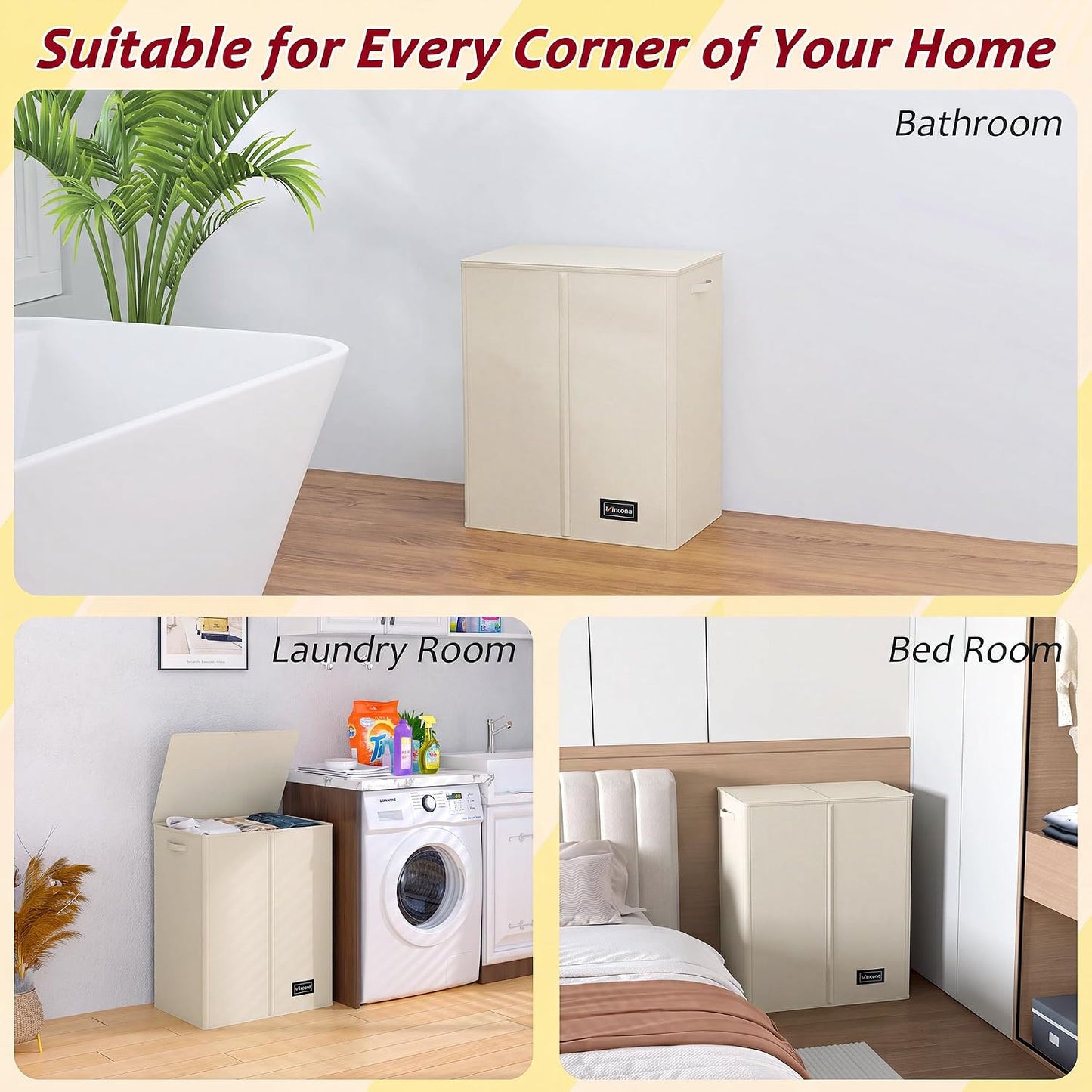 195L Laundry Hamper 3 Section,Large Laundry Hamper with Lid,Dirty Clothes Hamper with 3 Inner Bags,Collapsible Laundry Basket Organizer for Laundry Room,Bedroom,Laundry Sorter Hamper 3 Compartment