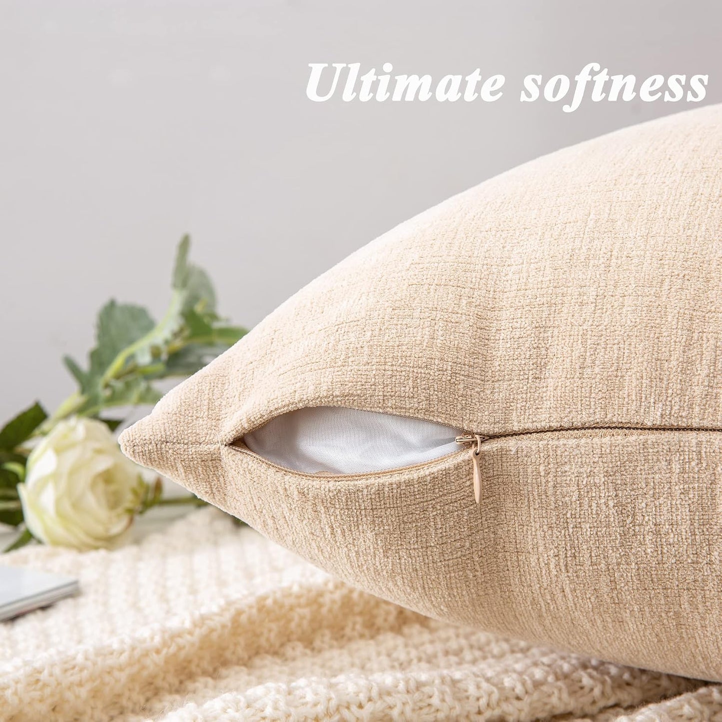 GAWAMAY Lumbar Support Pillow Decorative Rectangle Throw Pillow Covers 12"x20" Inch Set of 2, Soft Chenille Fall Pillowcase for Living Room Bedroom Sofa Couch Cushion Cover Grey 30x50cm (No Insert)