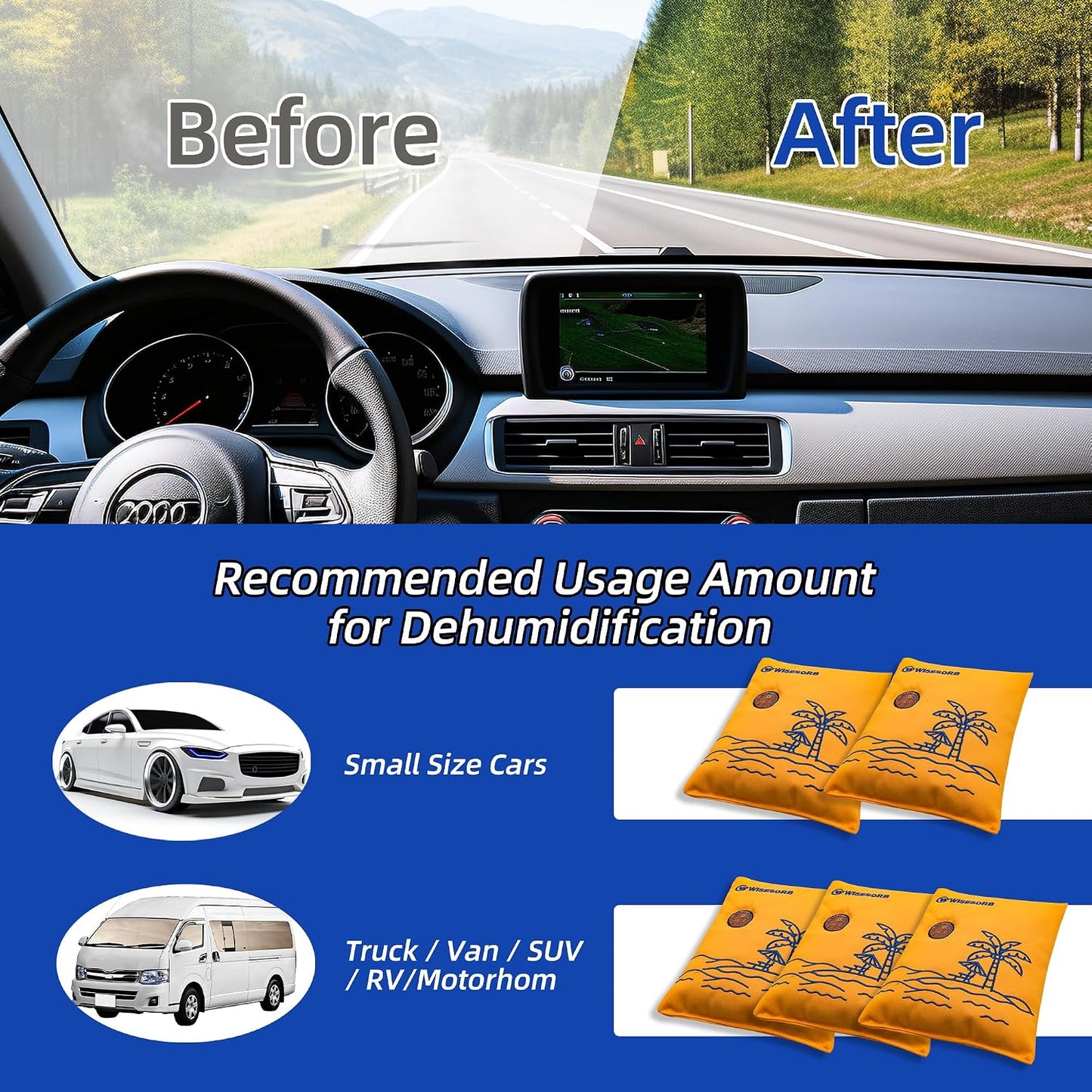 Wisesorb 500g 2pcs Rechargeable Car Dehumidifier Moisture Absorbers Bags, Reusable Desiccant Color Indicating Silica Gel Packets, Microwave Reactivated Visible Desiccant Packs for Car Closet Basement