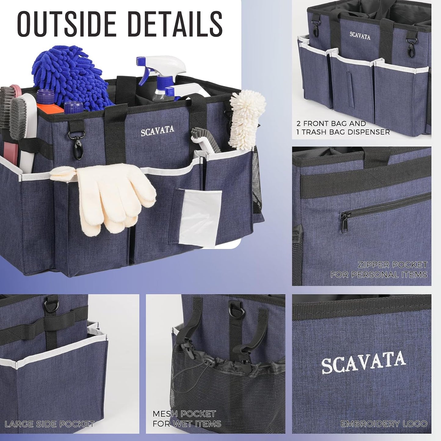 SCAVATA Wearable Cleaning Caddy Bag, Cleaning Caddy Supplies Organizer with Handle & Shoulder Straps for Housekeepers, Under Sink & Car Cleaning Tool Organizers with 4 Foldable Divider (Lake Blue)