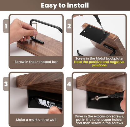Toilet Paper Holder Walnut Wood Shelf - Wall Mount & Self-Adhesive | Bathroom Tissue Holder, Black Stainless Steel with Walnut Shelf for Phone - Home Apartment Restroom Decor Essentials