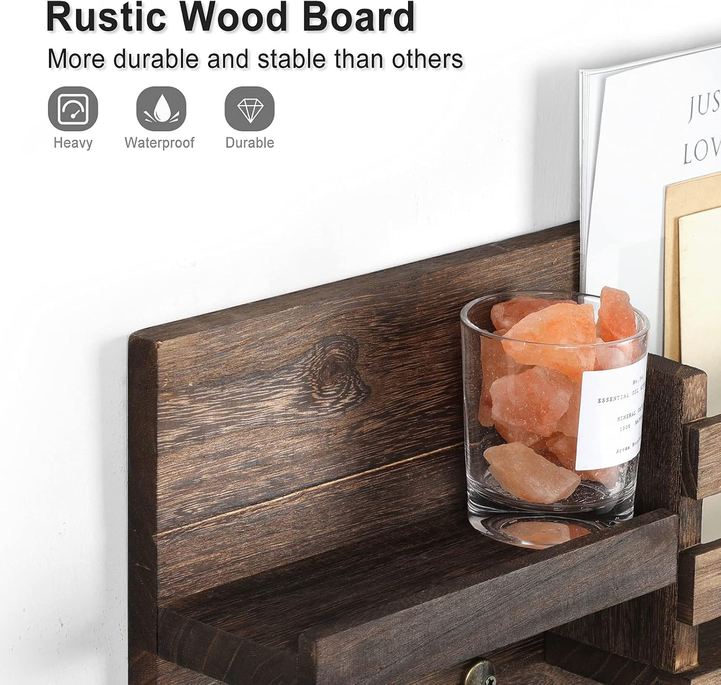 Lwenki Mail Organizer for Wall Mount – Key Holder with Shelf Includes Letter Holder and Hooks for Coats, Dog Leashes – Rustic Wood with Flush Mounting Hardware (16.5” x 8.7” x 3.5”)