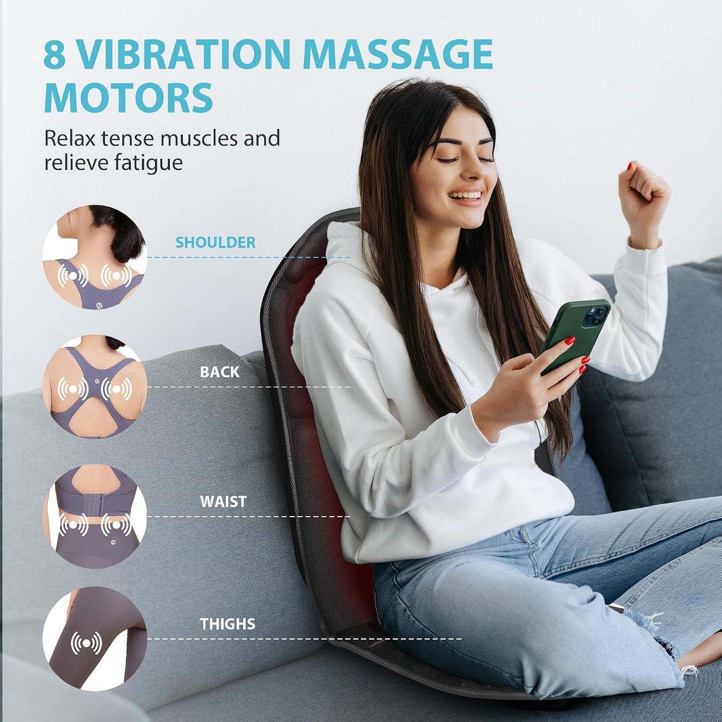 Back Massager with Heat, Vibration Massage Seat Cushion for Chair | 5 Modes, 4 Intensities, 2 Heat Levels, Vibration Chair Pad for Desk Workers Home Office Chairs Recliner Relaxation Gifts