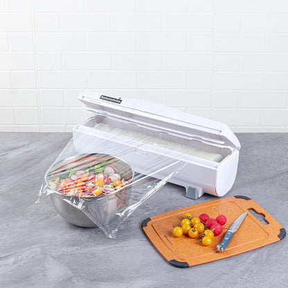 Restaurantware-Chef 101 Food Wrap Dispenser with Cutter, 1 Refillable Cling Wrap Dispenser - Fits 12” to 18” x 1000’ Rolls, Press Down and Cut, White Plastic Aluminum Foil, Sharp Blade
