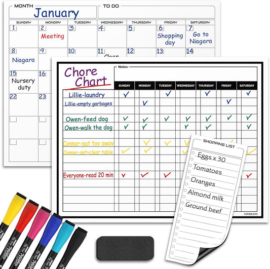 Magnetic Chore Chart for Kids Dry Erase Chore Chart for Adults 13” X 17” Behavior Reward Multiple Kids Chores Board Monthly Weekly Planner Magnetic Calendar For fridge Shopping List 6 Markers Included