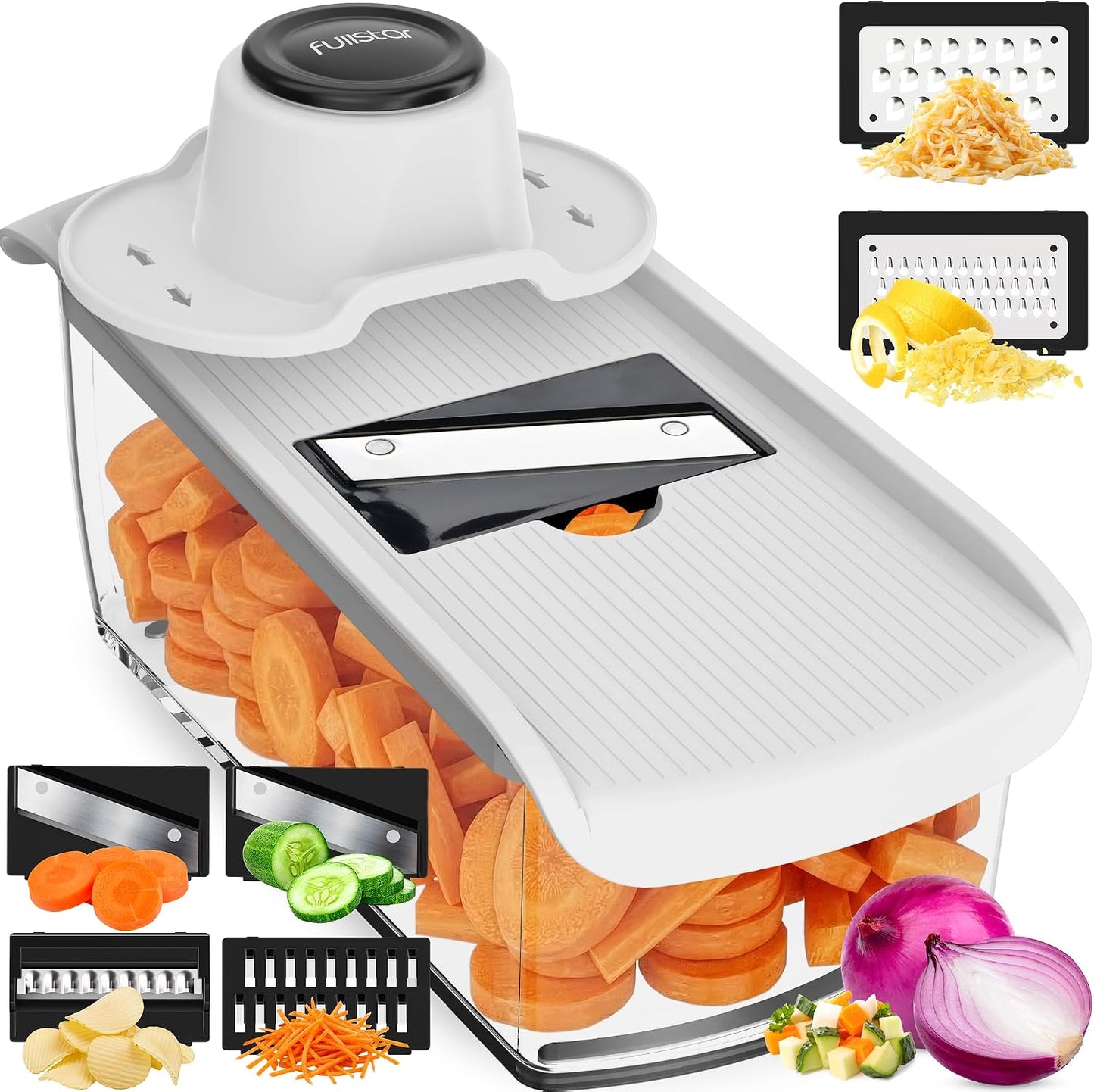 Fullstar Pro Mandoline Vegetable Slicer, Grater & Spiralizer with Container | 6 in 1 Fruit Cutter, Cheese Grater & Spiralizer with Safety Gloves, Stainless Steel Blades & Container (Black)
