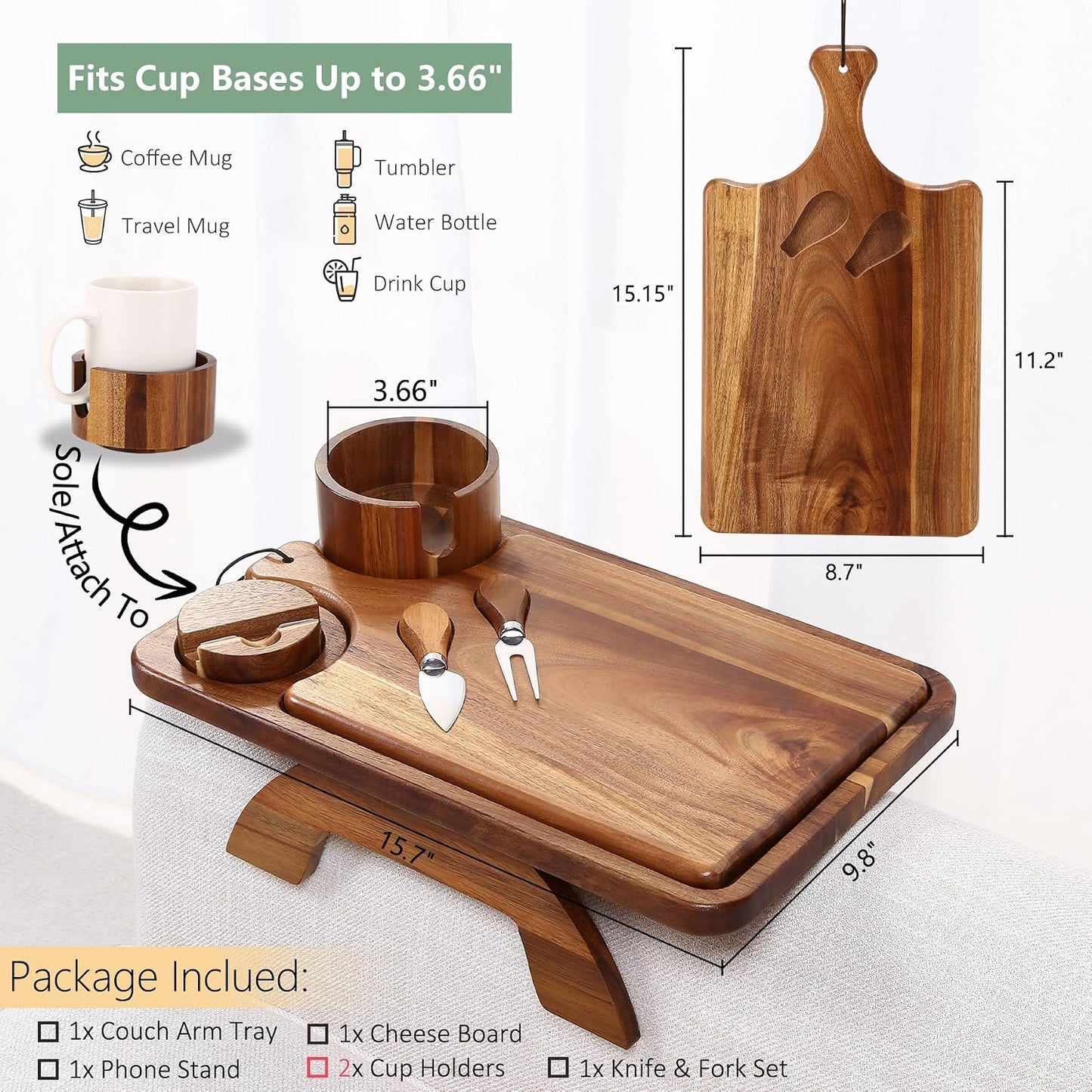 Nnewvante Couch Cup Holder Tray, 3 in 1 Large 15.36"x9.85" Acacia Wood Sofa Arm Clip on Tray Table with 360°Rotated Phone Holder on Armrest