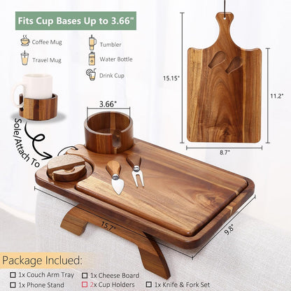 Nnewvante Couch Cup Holder Tray, 3 in 1 Large 15.36"x9.85" Acacia Wood Sofa Arm Clip on Tray Table with 360°Rotated Phone Holder on Armrest