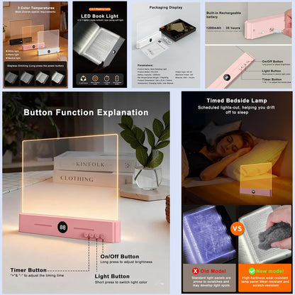 XL LED Flat Book Light for Reading at Night in Bed, Matte Pink | Eye-Caring Page Illuminator 3 Color Temperatures Stepless Dimmable USB Rechargeable, Portable Flat Panel Lamp with Soft