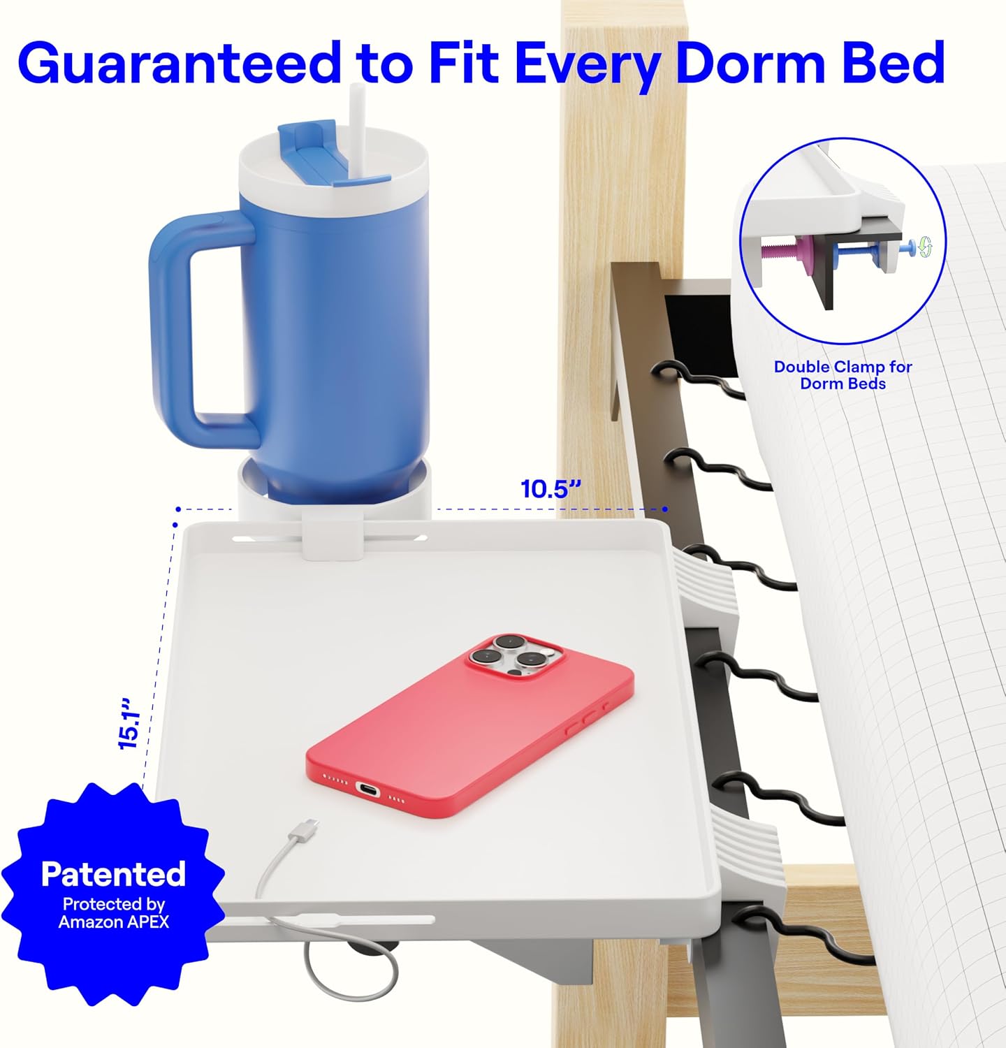 BedShelfie Bedside Shelf for Dorm Room Bunk Bed & Top Bunk, College Dorm Room Essentials, Bedside Caddy, Clip on Floating Desk Tray, Bed Side Table Storage, Loft Nightstand Decor - Cable Catch, Black