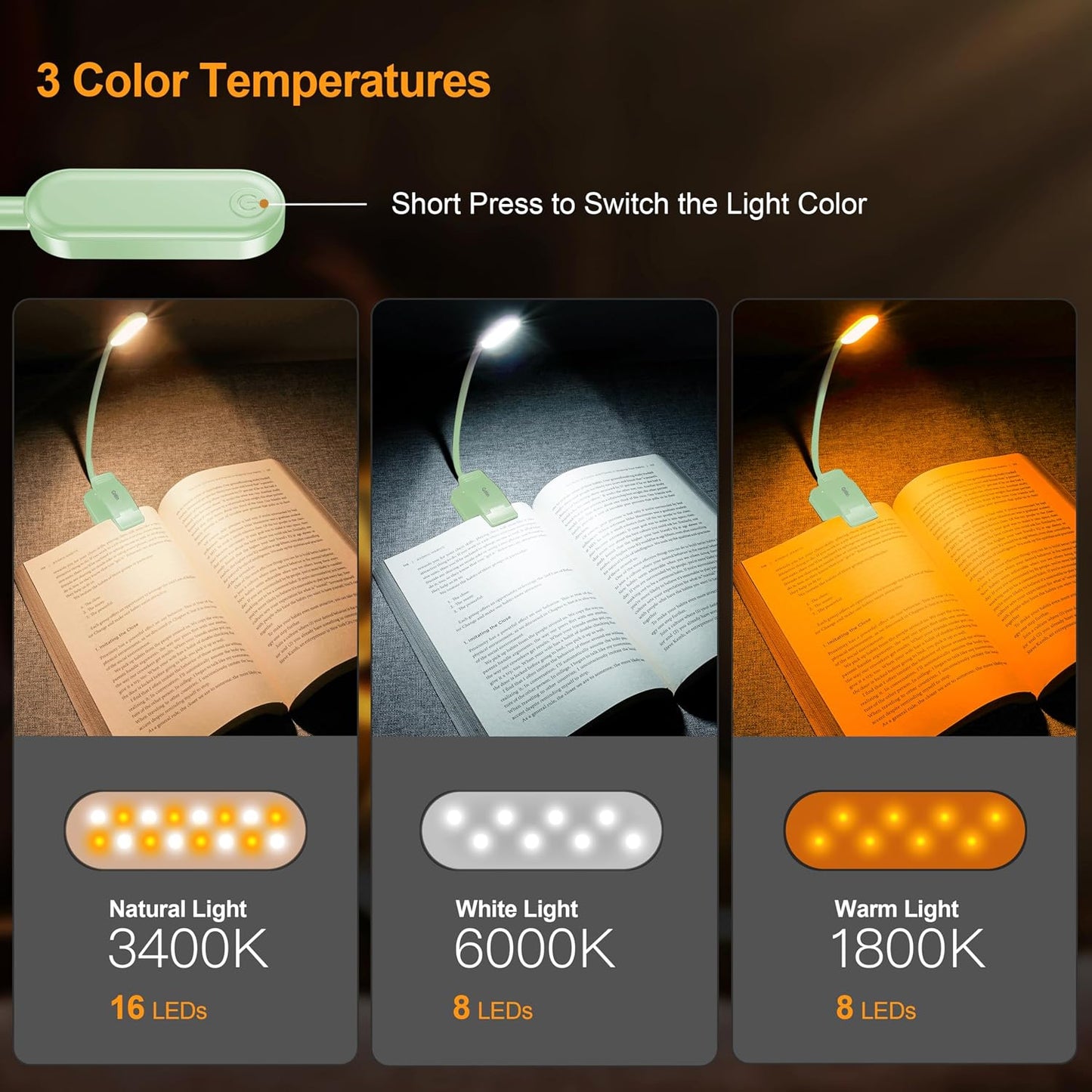 Gritin 16 LED Rechargeable Book Light for Reading in Bed | Eye Caring 3 Color Temperatures,Stepless Dimming Brightness,80 Hrs Runtime,Lightweight Flexible Clip on Light for Book Lovers